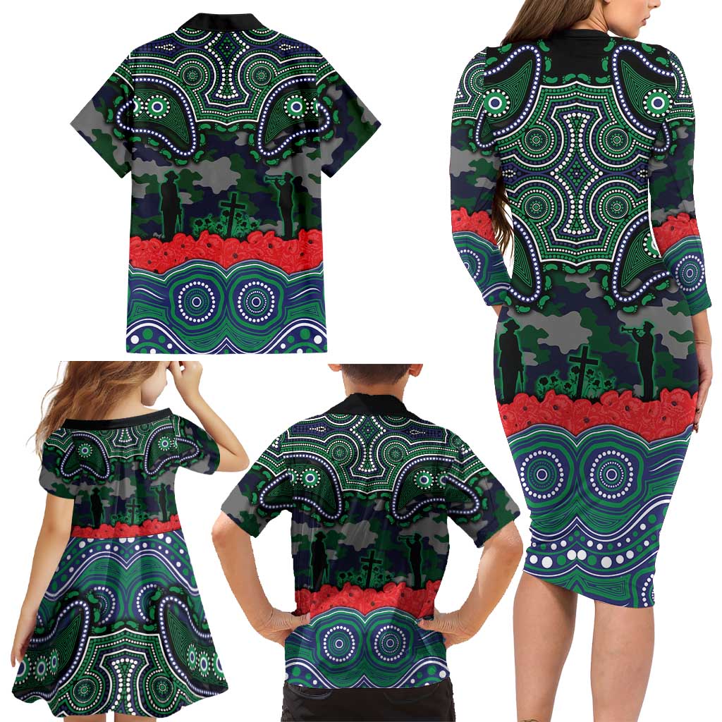ANZAC Day New Zealand Warriors Family Matching Long Sleeve Bodycon Dress and Hawaiian Shirt Military Memorial Aboriginal Indigenous Art