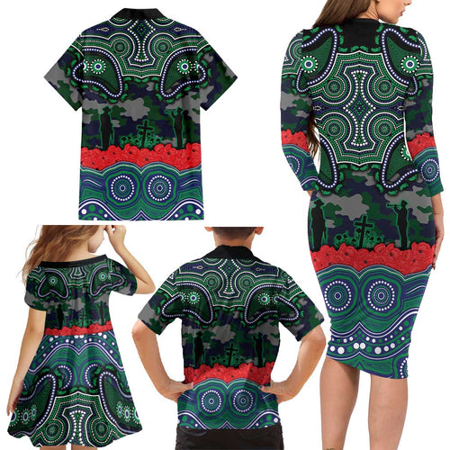 ANZAC Day New Zealand Warriors Family Matching Long Sleeve Bodycon Dress and Hawaiian Shirt Military Memorial Aboriginal Indigenous Art