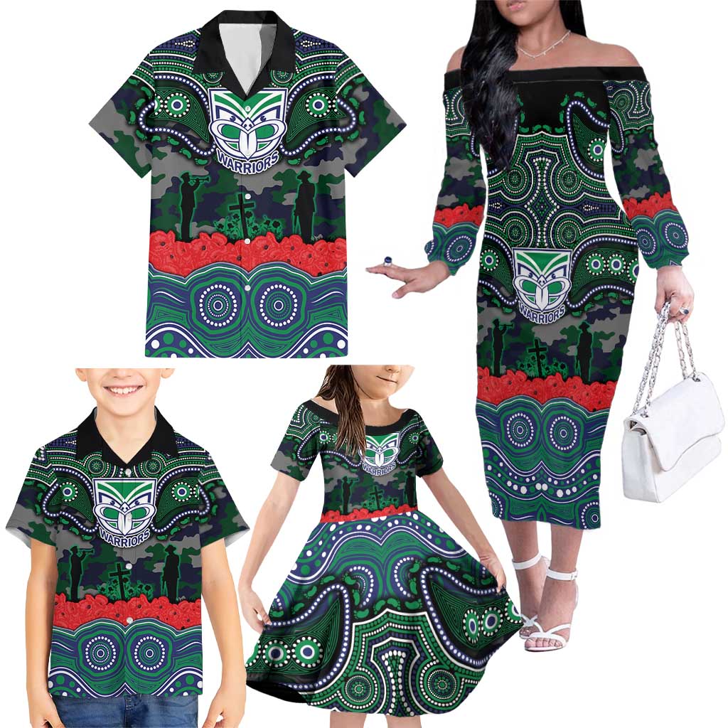 ANZAC Day New Zealand Warriors Family Matching Off The Shoulder Long Sleeve Dress and Hawaiian Shirt Military Memorial Aboriginal Indigenous Art