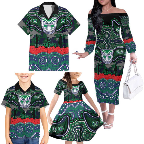 ANZAC Day New Zealand Warriors Family Matching Off The Shoulder Long Sleeve Dress and Hawaiian Shirt Military Memorial Aboriginal Indigenous Art