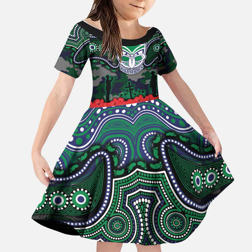 ANZAC Day New Zealand Warriors Family Matching Off The Shoulder Long Sleeve Dress and Hawaiian Shirt Military Memorial Aboriginal Indigenous Art
