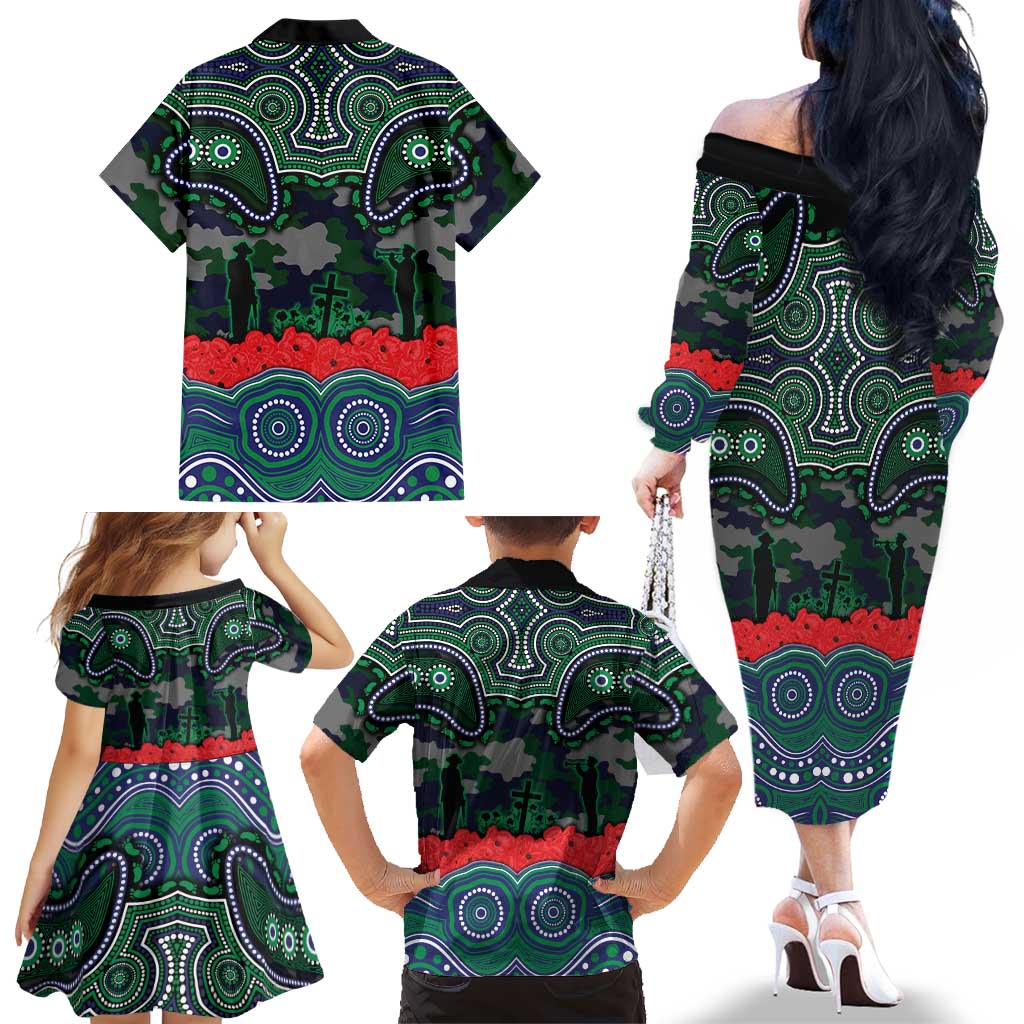 ANZAC Day New Zealand Warriors Family Matching Off The Shoulder Long Sleeve Dress and Hawaiian Shirt Military Memorial Aboriginal Indigenous Art