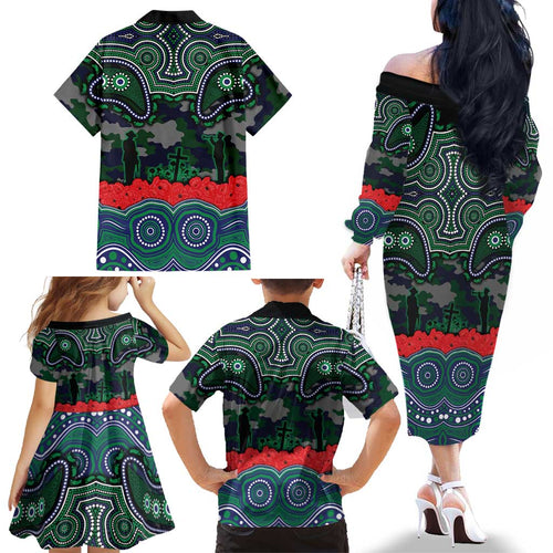 ANZAC Day New Zealand Warriors Family Matching Off The Shoulder Long Sleeve Dress and Hawaiian Shirt Military Memorial Aboriginal Indigenous Art