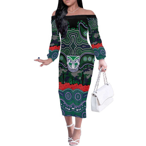 ANZAC Day New Zealand Warriors Family Matching Off The Shoulder Long Sleeve Dress and Hawaiian Shirt Military Memorial Aboriginal Indigenous Art