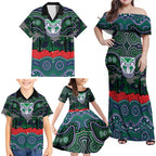 ANZAC Day New Zealand Warriors Family Matching Off Shoulder Maxi Dress and Hawaiian Shirt Military Memorial Aboriginal Indigenous Art