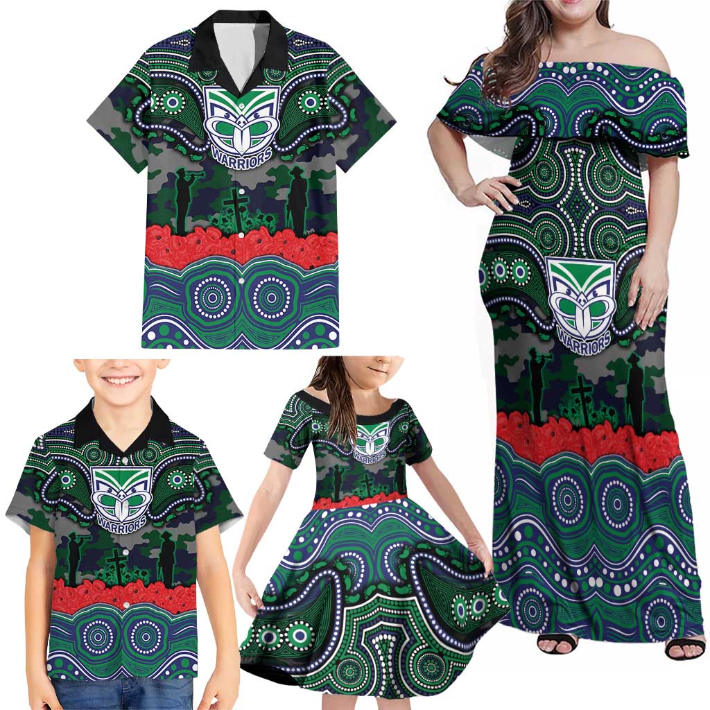ANZAC Day New Zealand Warriors Family Matching Off Shoulder Maxi Dress and Hawaiian Shirt Military Memorial Aboriginal Indigenous Art
