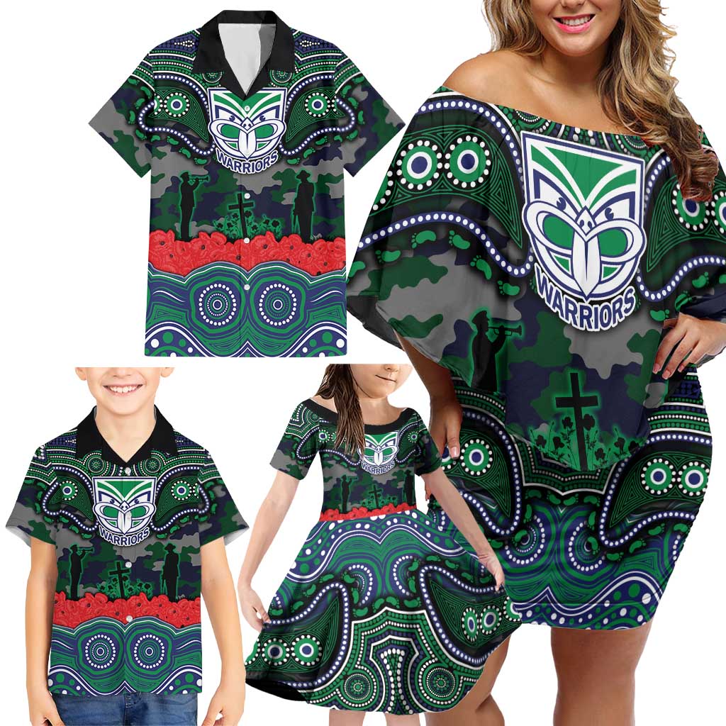 ANZAC Day New Zealand Warriors Family Matching Off Shoulder Short Dress and Hawaiian Shirt Military Memorial Aboriginal Indigenous Art