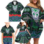 ANZAC Day New Zealand Warriors Family Matching Off Shoulder Short Dress and Hawaiian Shirt Military Memorial Aboriginal Indigenous Art