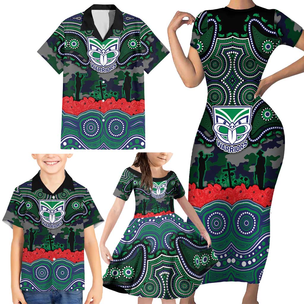 ANZAC Day New Zealand Warriors Family Matching Short Sleeve Bodycon Dress and Hawaiian Shirt Military Memorial Aboriginal Indigenous Art
