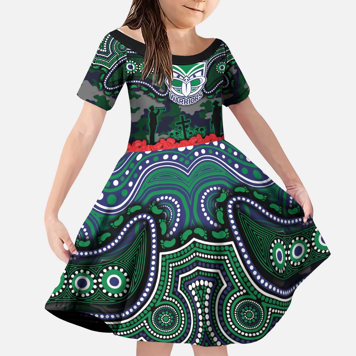 ANZAC Day New Zealand Warriors Kid Short Sleeve Dress Military Memorial Aboriginal Indigenous Art