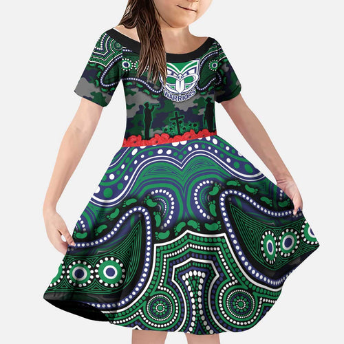 ANZAC Day New Zealand Warriors Kid Short Sleeve Dress Military Memorial Aboriginal Indigenous Art