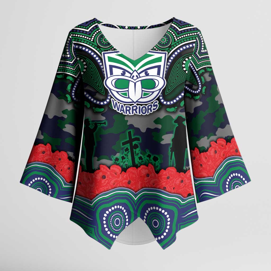 ANZAC Day New Zealand Warriors Kimono Sleeve Blouse Military Memorial Aboriginal Indigenous Art