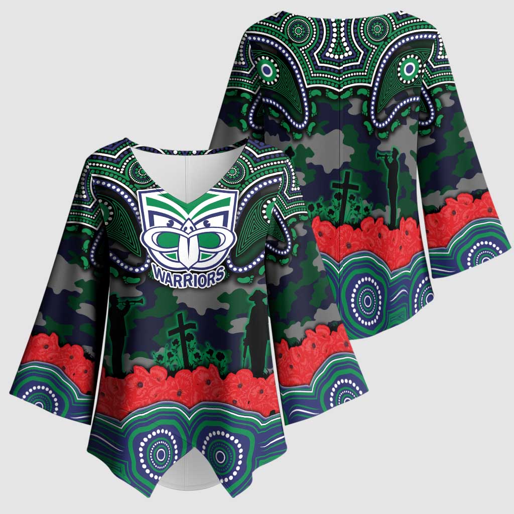 ANZAC Day New Zealand Warriors Kimono Sleeve Blouse Military Memorial Aboriginal Indigenous Art
