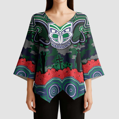 ANZAC Day New Zealand Warriors Kimono Sleeve Blouse Military Memorial Aboriginal Indigenous Art