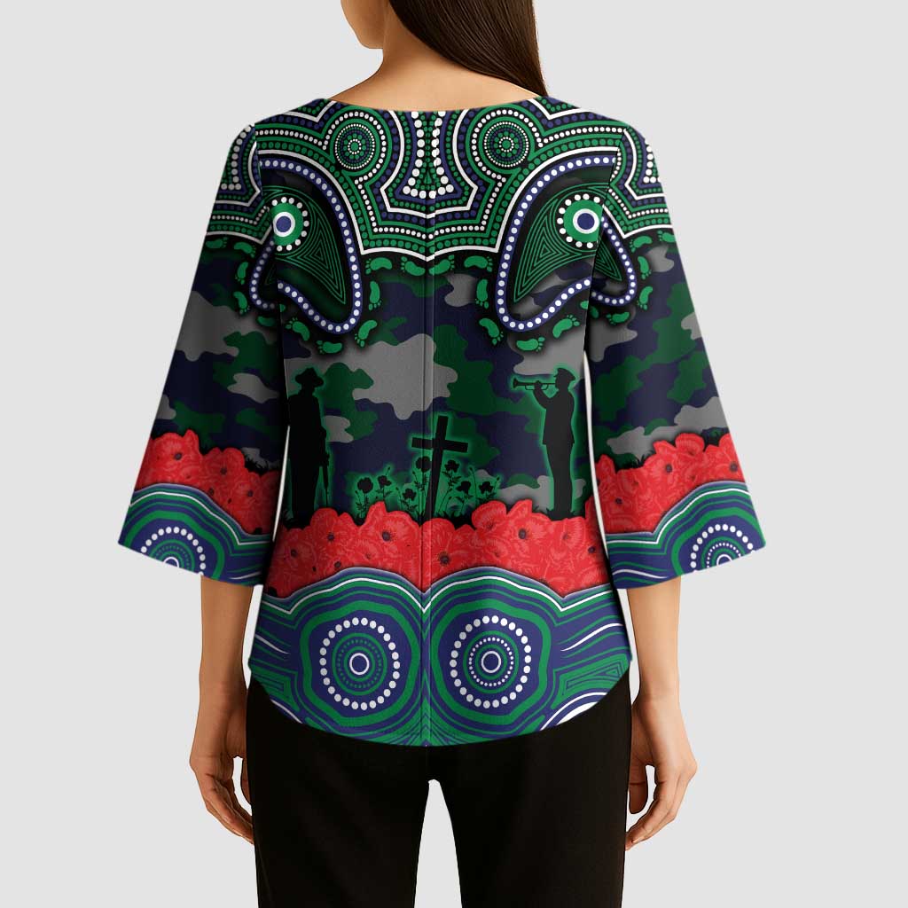 ANZAC Day New Zealand Warriors Kimono Sleeve Blouse Military Memorial Aboriginal Indigenous Art