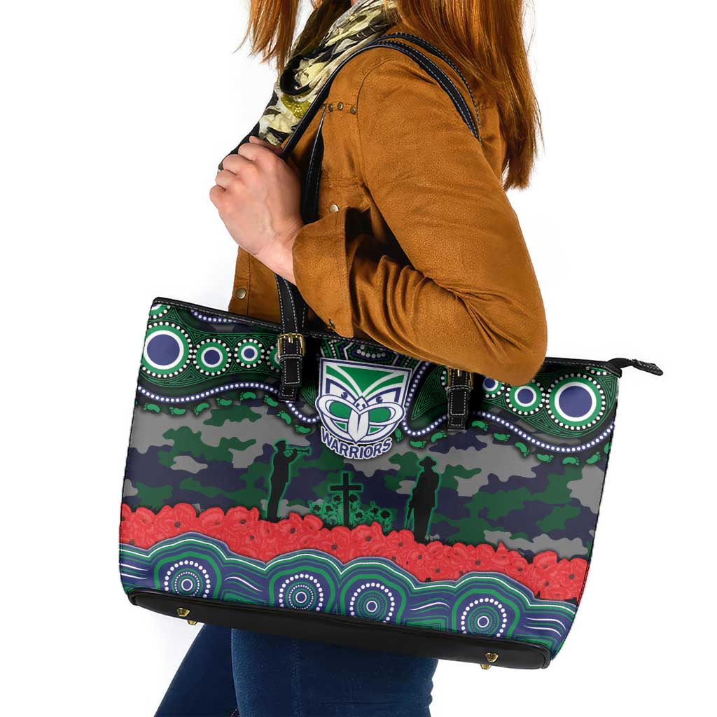 ANZAC Day New Zealand Warriors Leather Tote Bag Military Memorial Aboriginal Indigenous Art