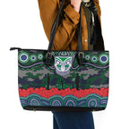 ANZAC Day New Zealand Warriors Leather Tote Bag Military Memorial Aboriginal Indigenous Art