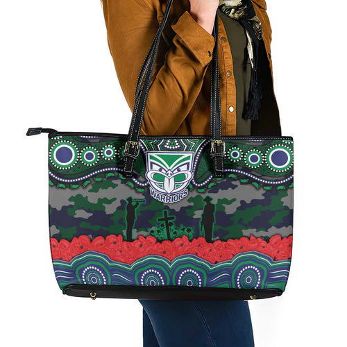 ANZAC Day New Zealand Warriors Leather Tote Bag Military Memorial Aboriginal Indigenous Art