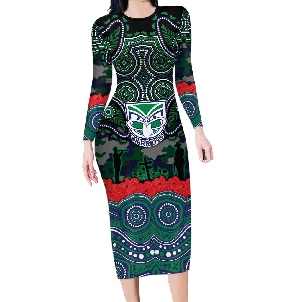 ANZAC Day New Zealand Warriors Long Sleeve Bodycon Dress Military Memorial Aboriginal Indigenous Art