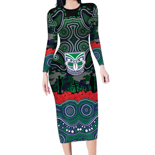 ANZAC Day New Zealand Warriors Long Sleeve Bodycon Dress Military Memorial Aboriginal Indigenous Art