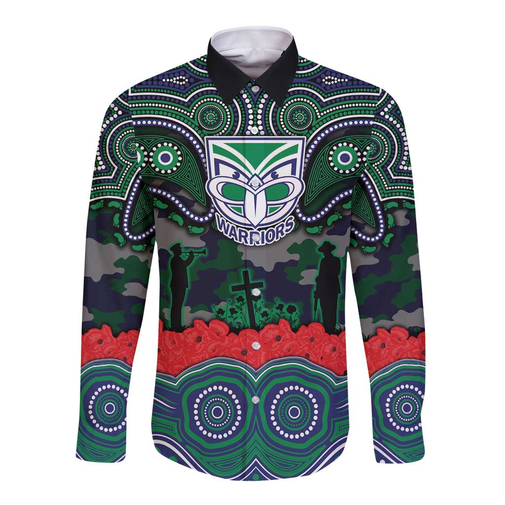 ANZAC Day New Zealand Warriors Long Sleeve Button Shirt Military Memorial Aboriginal Indigenous Art