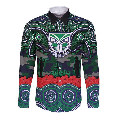 ANZAC Day New Zealand Warriors Long Sleeve Button Shirt Military Memorial Aboriginal Indigenous Art