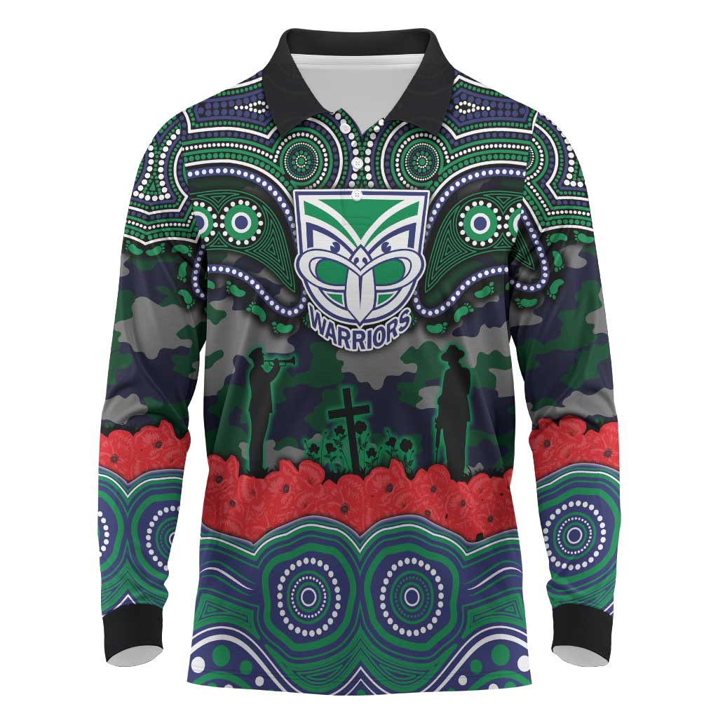 ANZAC Day New Zealand Warriors Long Sleeve Polo Shirt Military Memorial Aboriginal Indigenous Art