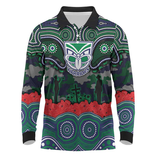 ANZAC Day New Zealand Warriors Long Sleeve Polo Shirt Military Memorial Aboriginal Indigenous Art