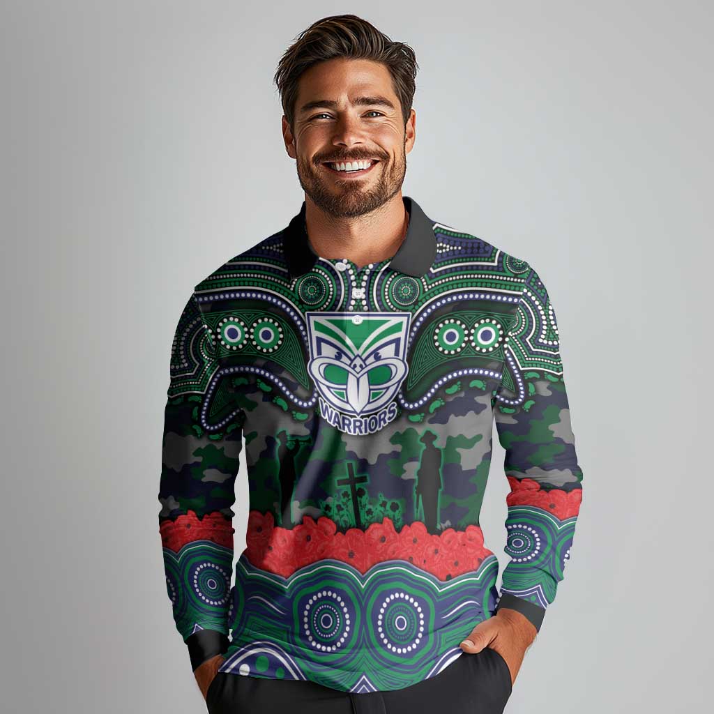 ANZAC Day New Zealand Warriors Long Sleeve Polo Shirt Military Memorial Aboriginal Indigenous Art