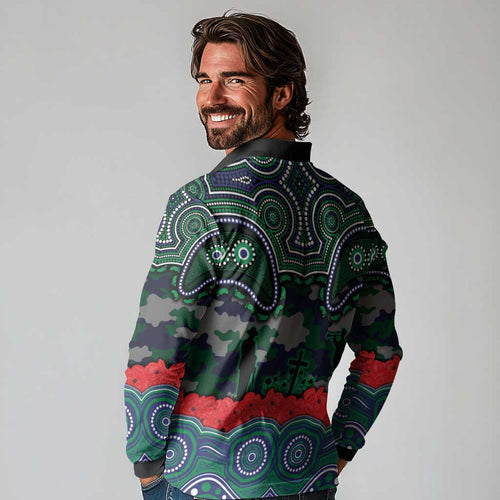 ANZAC Day New Zealand Warriors Long Sleeve Polo Shirt Military Memorial Aboriginal Indigenous Art