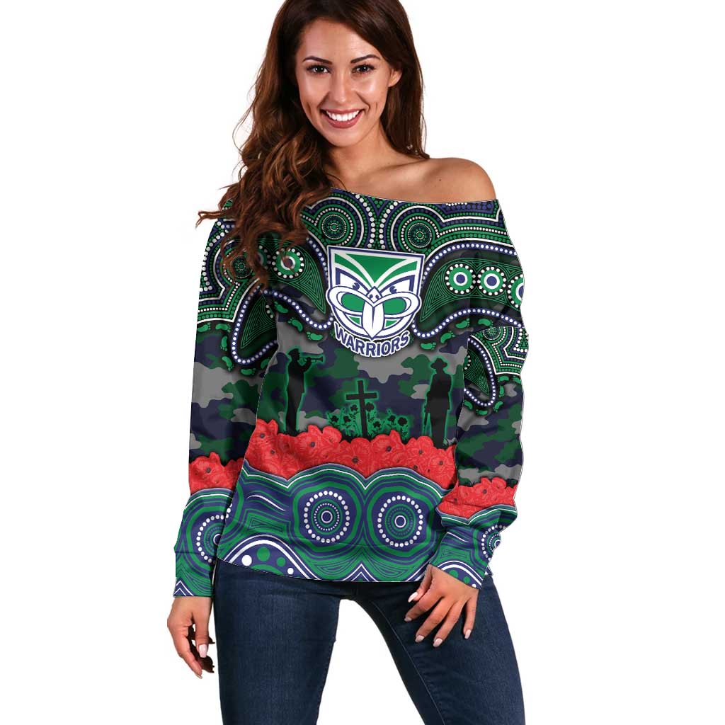 ANZAC Day New Zealand Warriors Off Shoulder Sweater Military Memorial Aboriginal Indigenous Art