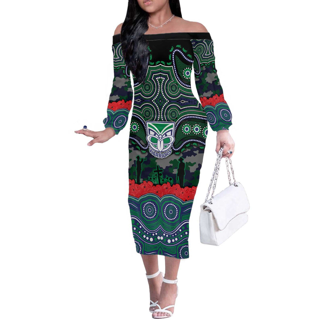ANZAC Day New Zealand Warriors Off The Shoulder Long Sleeve Dress Military Memorial Aboriginal Indigenous Art