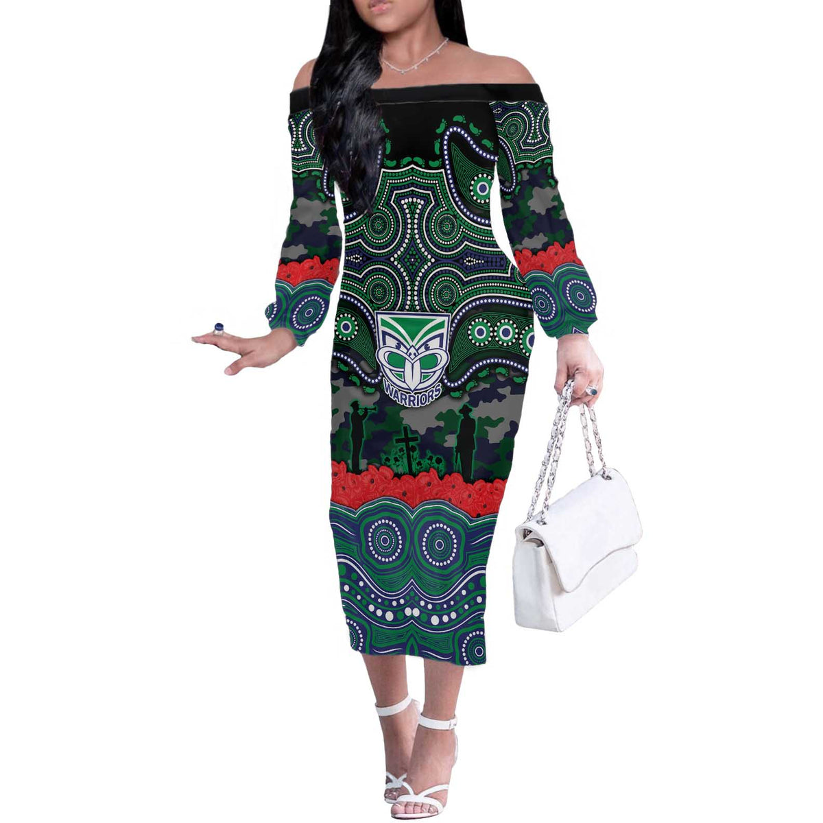 ANZAC Day New Zealand Warriors Off The Shoulder Long Sleeve Dress Military Memorial Aboriginal Indigenous Art