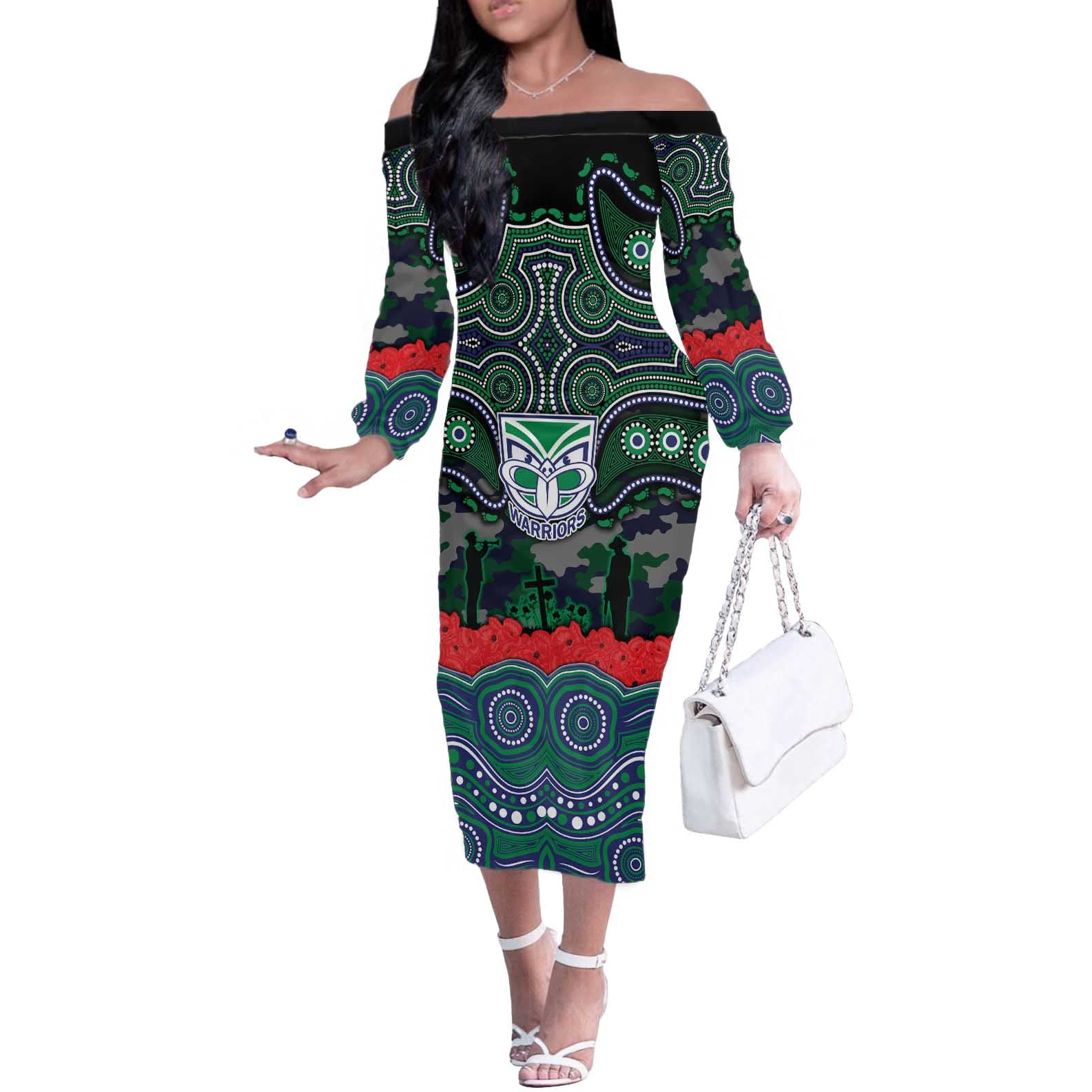 ANZAC Day New Zealand Warriors Off The Shoulder Long Sleeve Dress Military Memorial Aboriginal Indigenous Art