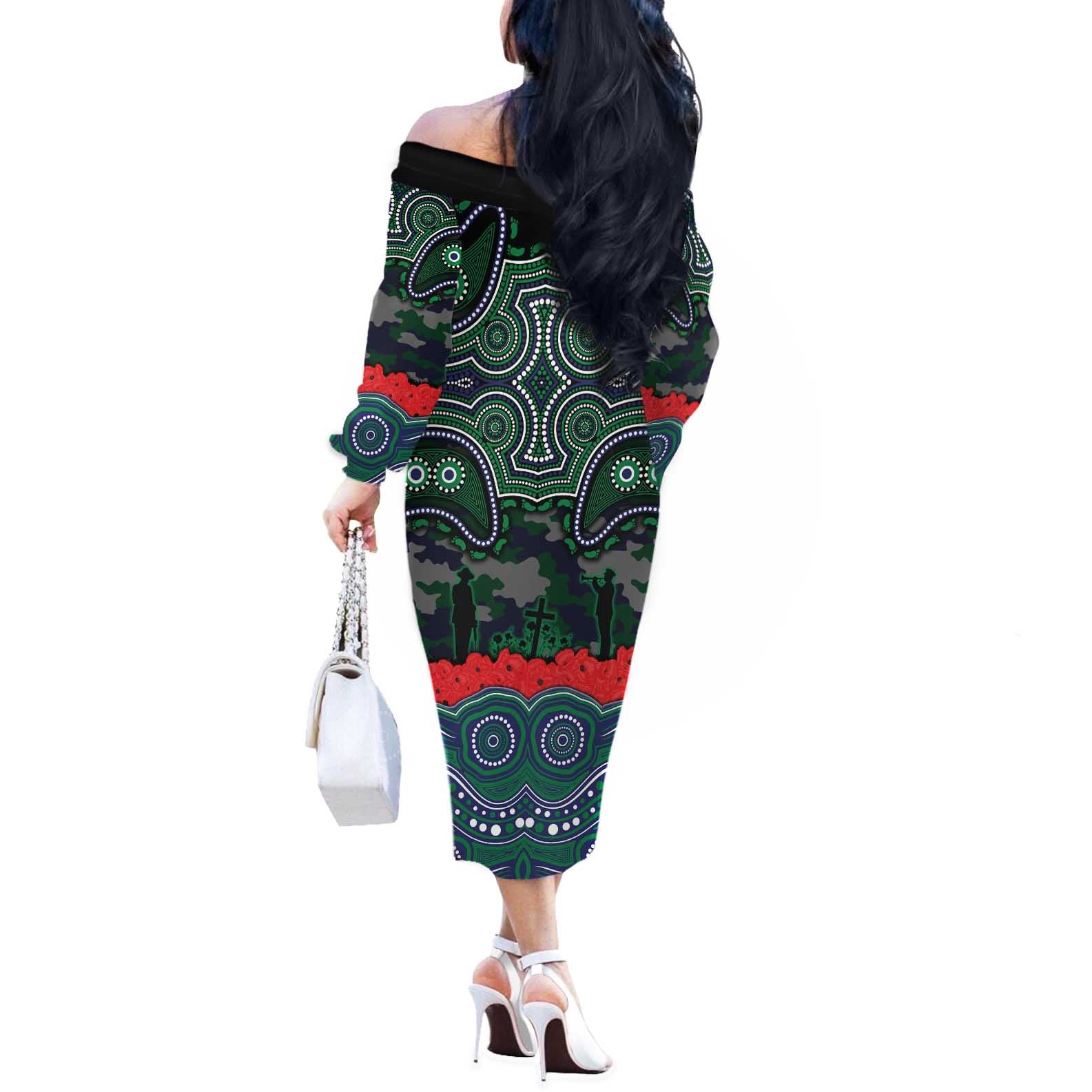 ANZAC Day New Zealand Warriors Off The Shoulder Long Sleeve Dress Military Memorial Aboriginal Indigenous Art