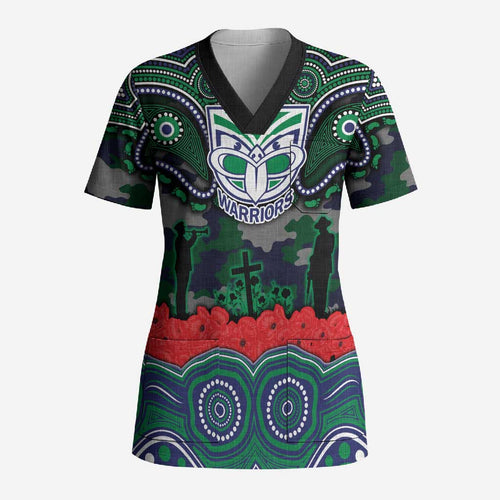 ANZAC Day New Zealand Warriors Scrub Top Military Memorial Aboriginal Indigenous Art