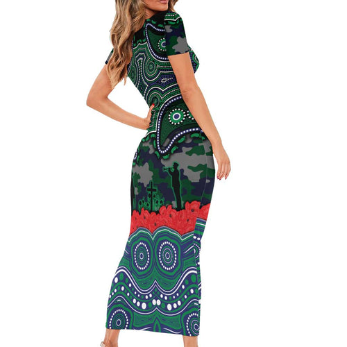 ANZAC Day New Zealand Warriors Short Sleeve Bodycon Dress Military Memorial Aboriginal Indigenous Art