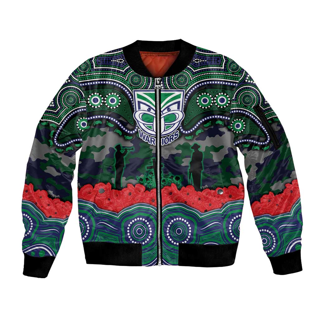 ANZAC Day New Zealand Warriors Sleeve Zip Bomber Jacket Military Memorial Aboriginal Indigenous Art