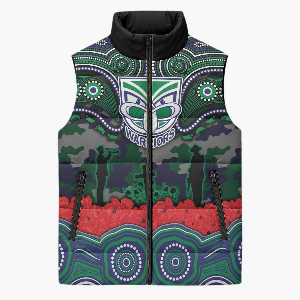 ANZAC Day New Zealand Warriors Sleeveless Puffer Jacket Military Memorial Aboriginal Indigenous Art
