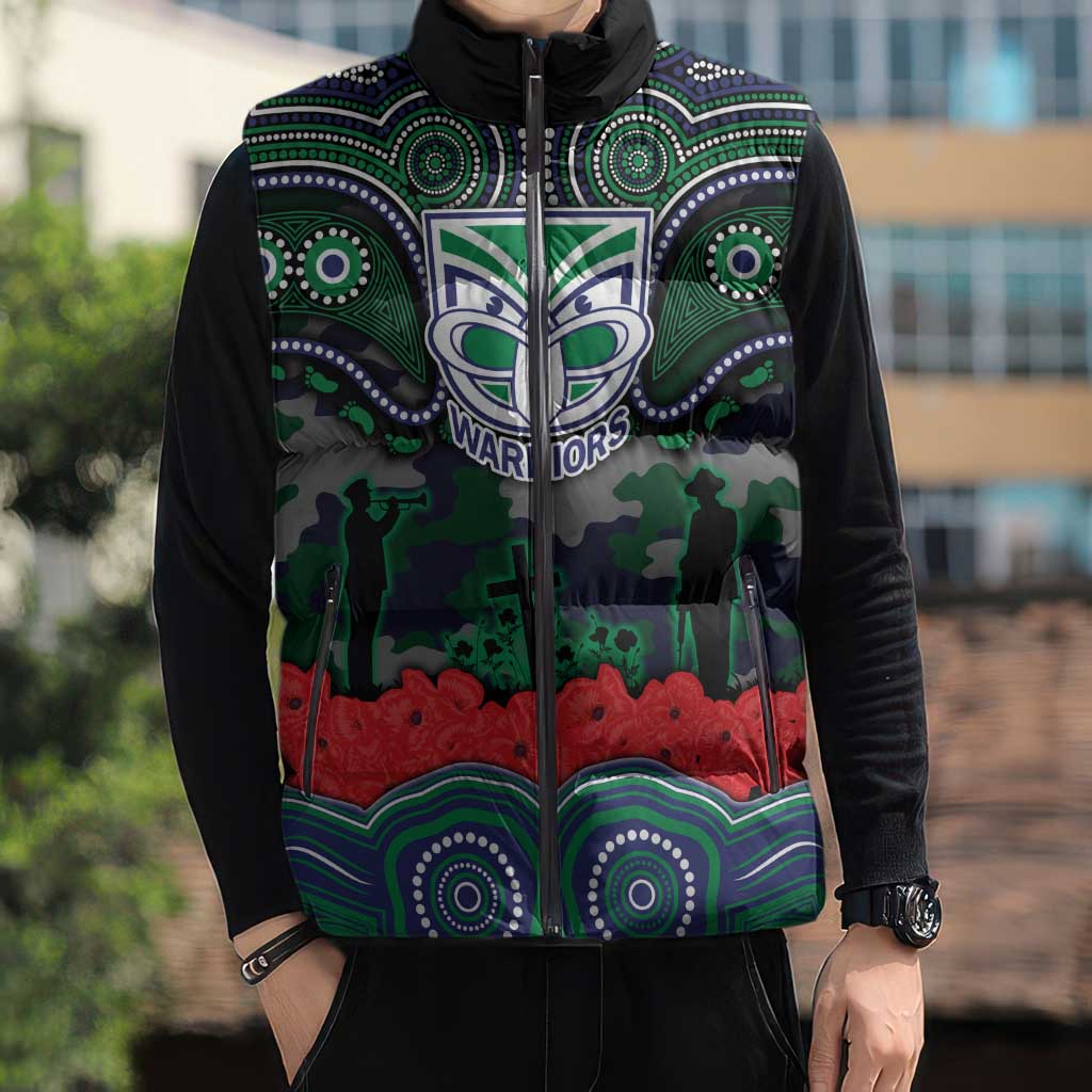 ANZAC Day New Zealand Warriors Sleeveless Puffer Jacket Military Memorial Aboriginal Indigenous Art