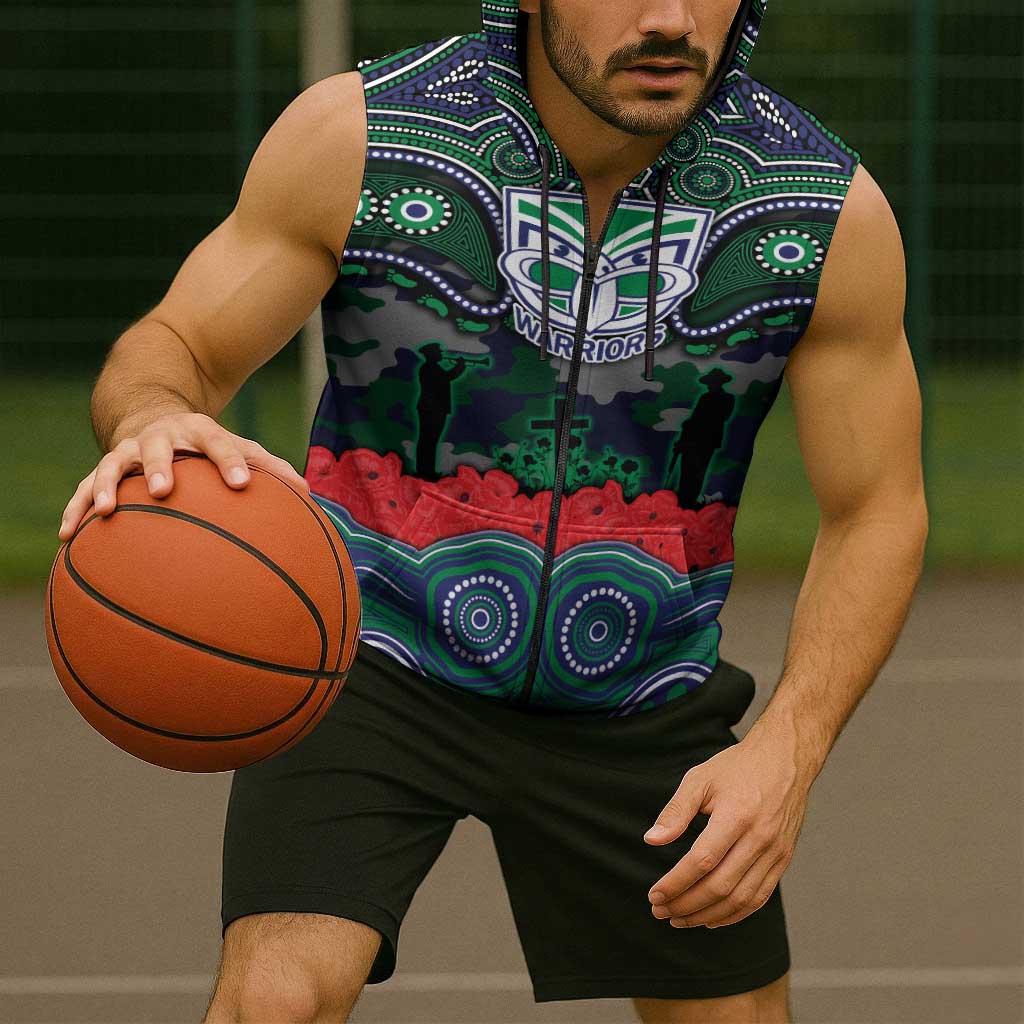 ANZAC Day New Zealand Warriors Sleeveless Zip Hoodie Military Memorial Aboriginal Indigenous Art