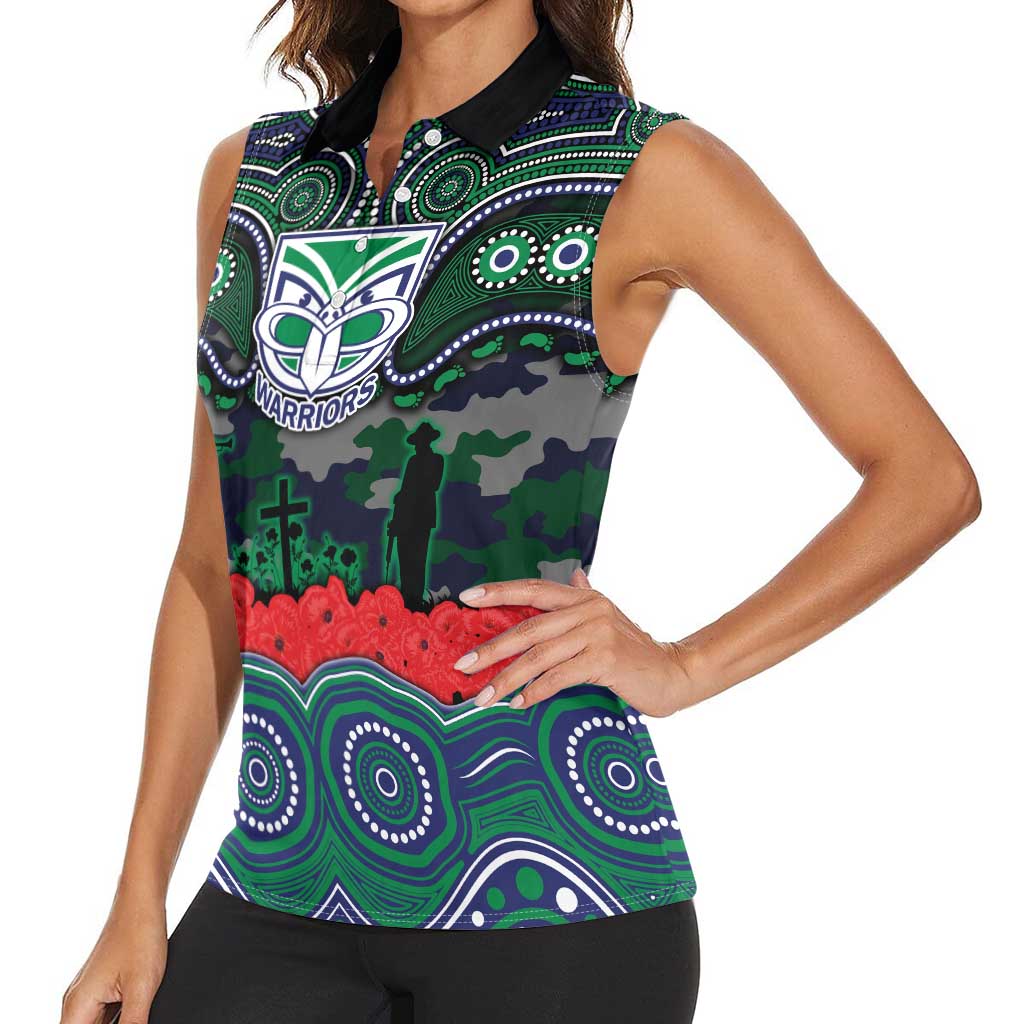 ANZAC Day New Zealand Warriors Women Sleeveless Polo Shirt Military Memorial Aboriginal Indigenous Art