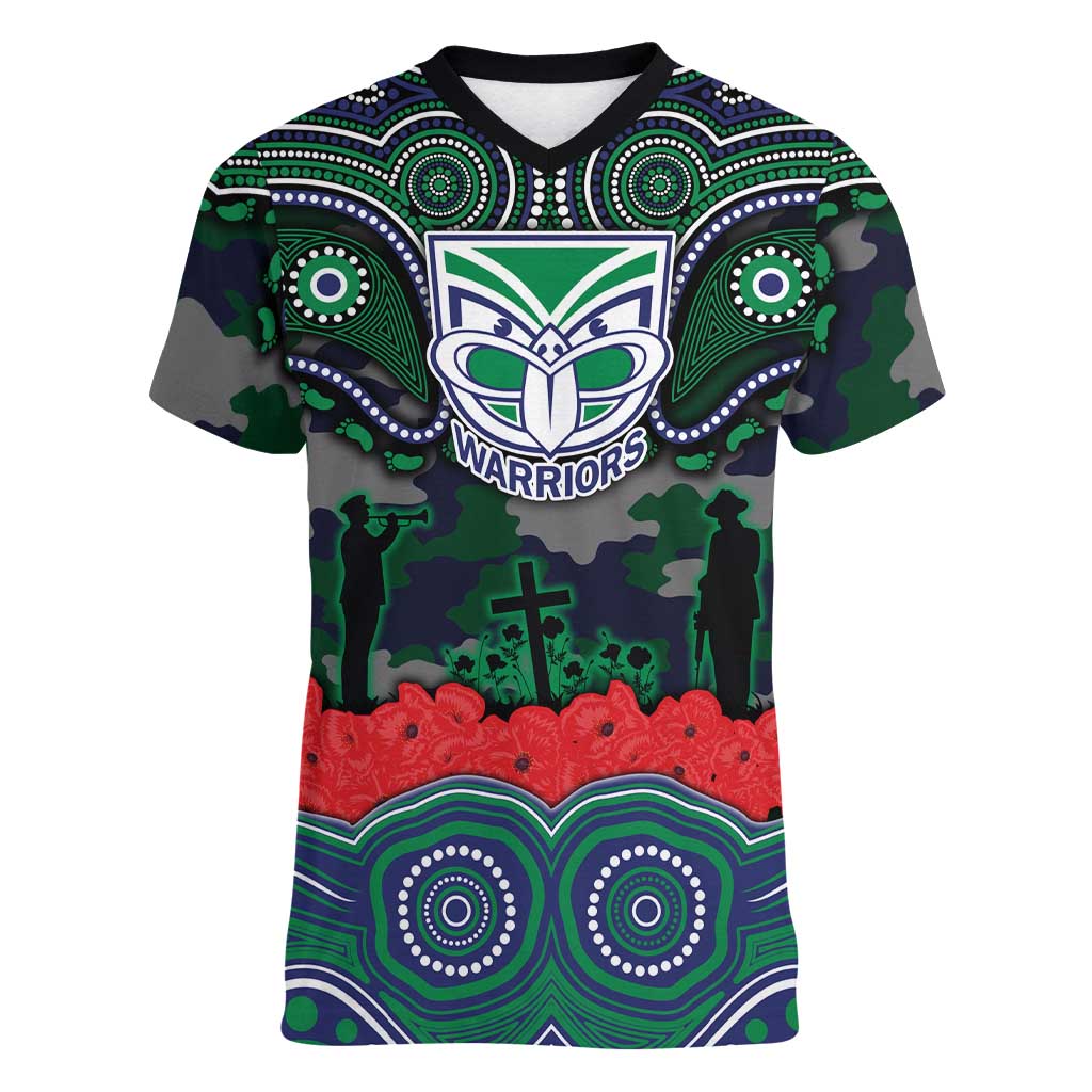 ANZAC Day New Zealand Warriors Women V-Neck T-Shirt Military Memorial Aboriginal Indigenous Art