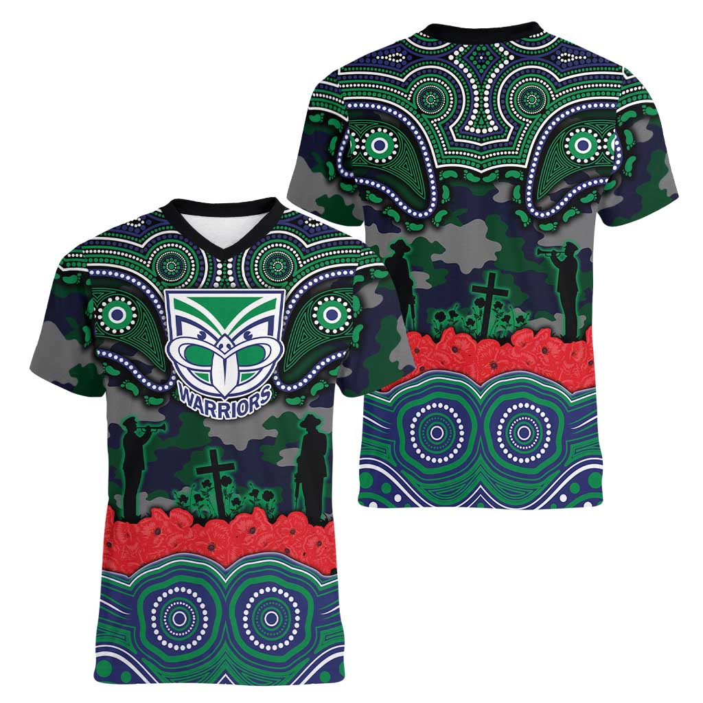 ANZAC Day New Zealand Warriors Women V-Neck T-Shirt Military Memorial Aboriginal Indigenous Art