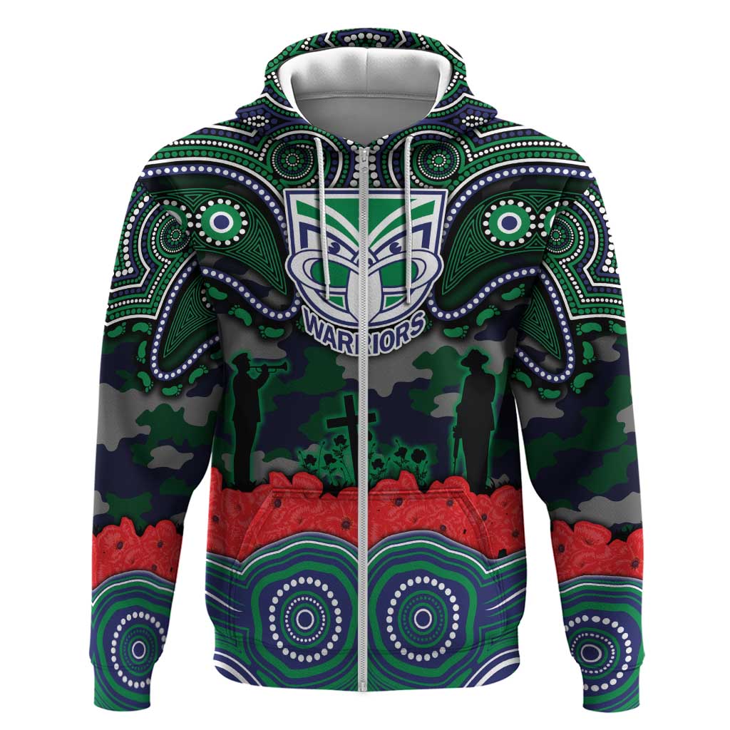 ANZAC Day New Zealand Warriors Zip Hoodie Military Memorial Aboriginal Indigenous Art