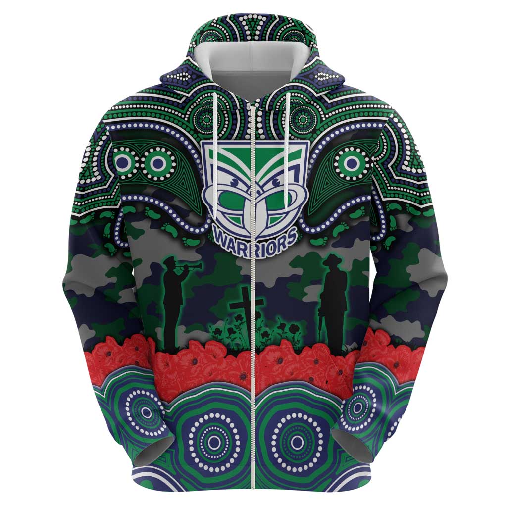 ANZAC Day New Zealand Warriors Zip Hoodie Military Memorial Aboriginal Indigenous Art