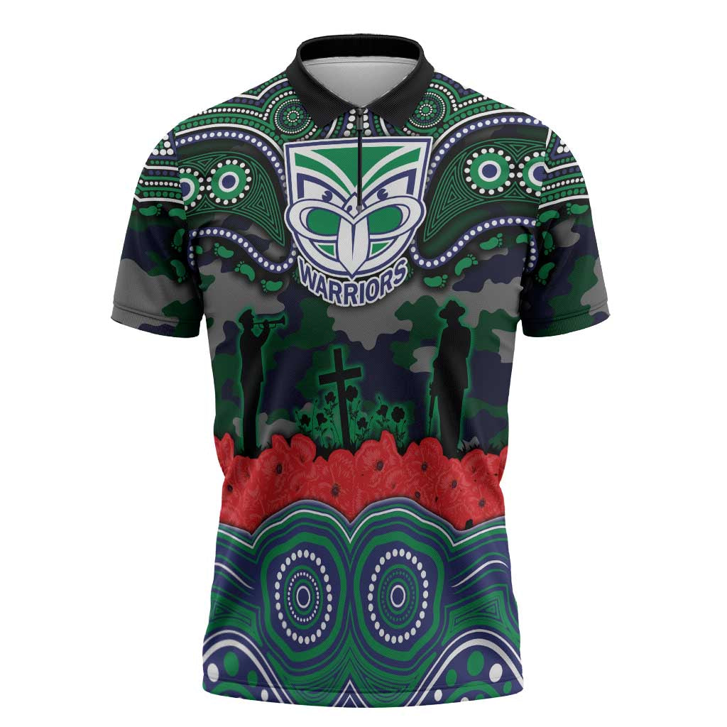 ANZAC Day New Zealand Warriors Zipper Polo Shirt Military Memorial Aboriginal Indigenous Art