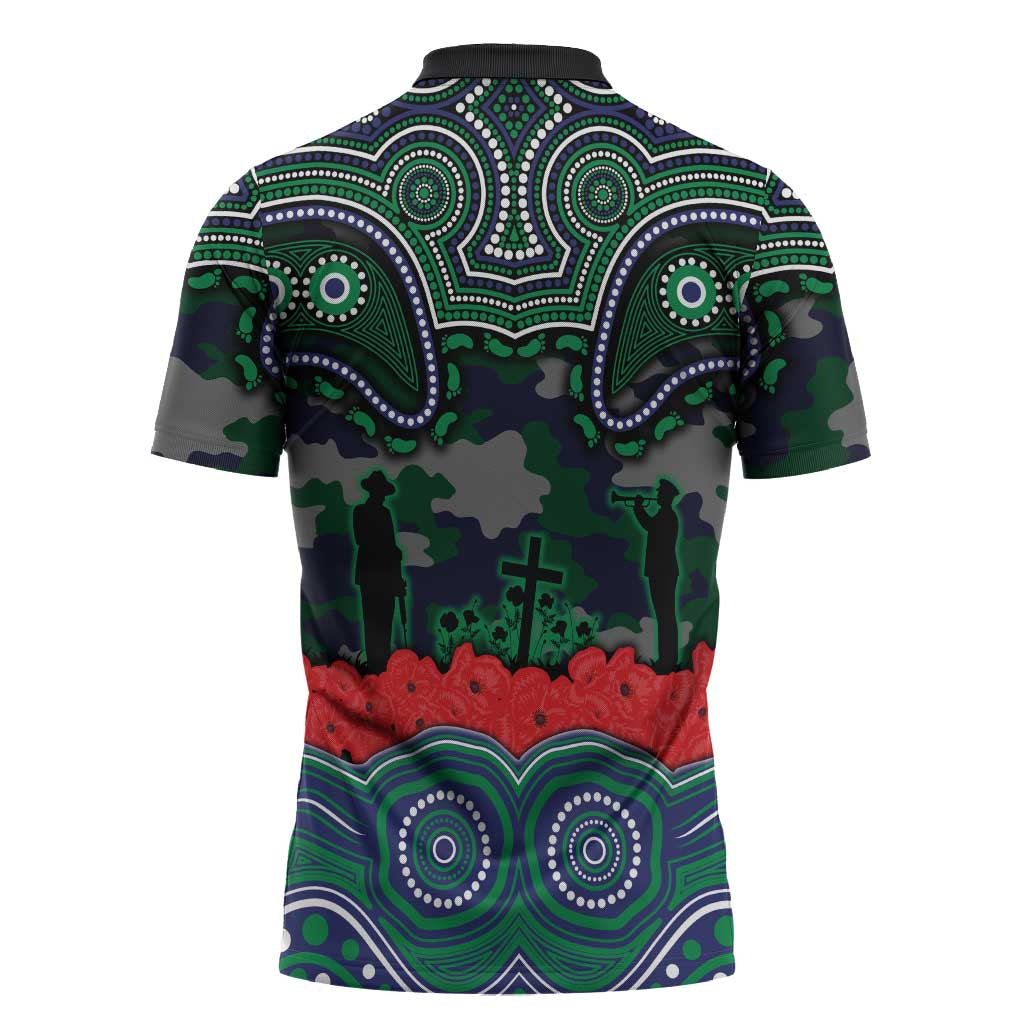ANZAC Day New Zealand Warriors Zipper Polo Shirt Military Memorial Aboriginal Indigenous Art