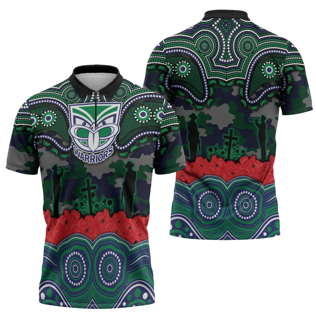 ANZAC Day New Zealand Warriors Zipper Polo Shirt Military Memorial Aboriginal Indigenous Art