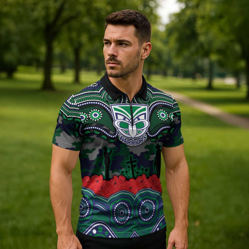 ANZAC Day New Zealand Warriors Zipper Polo Shirt Military Memorial Aboriginal Indigenous Art